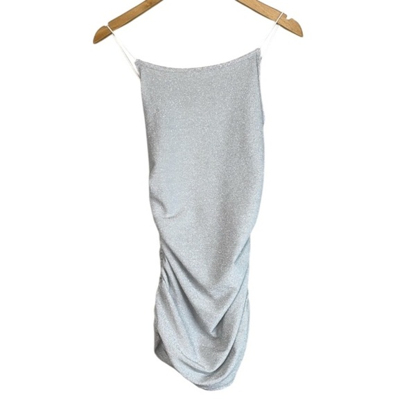 Shein Shimmer Silver Metallic Mini Dress Side Ruched Square Neck Spaghetti XSP - Picture 2 of 11